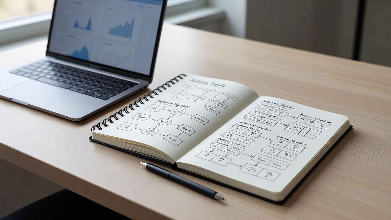 An open notebook beside a laptop, illustrating the practice of recording audience measurement questions