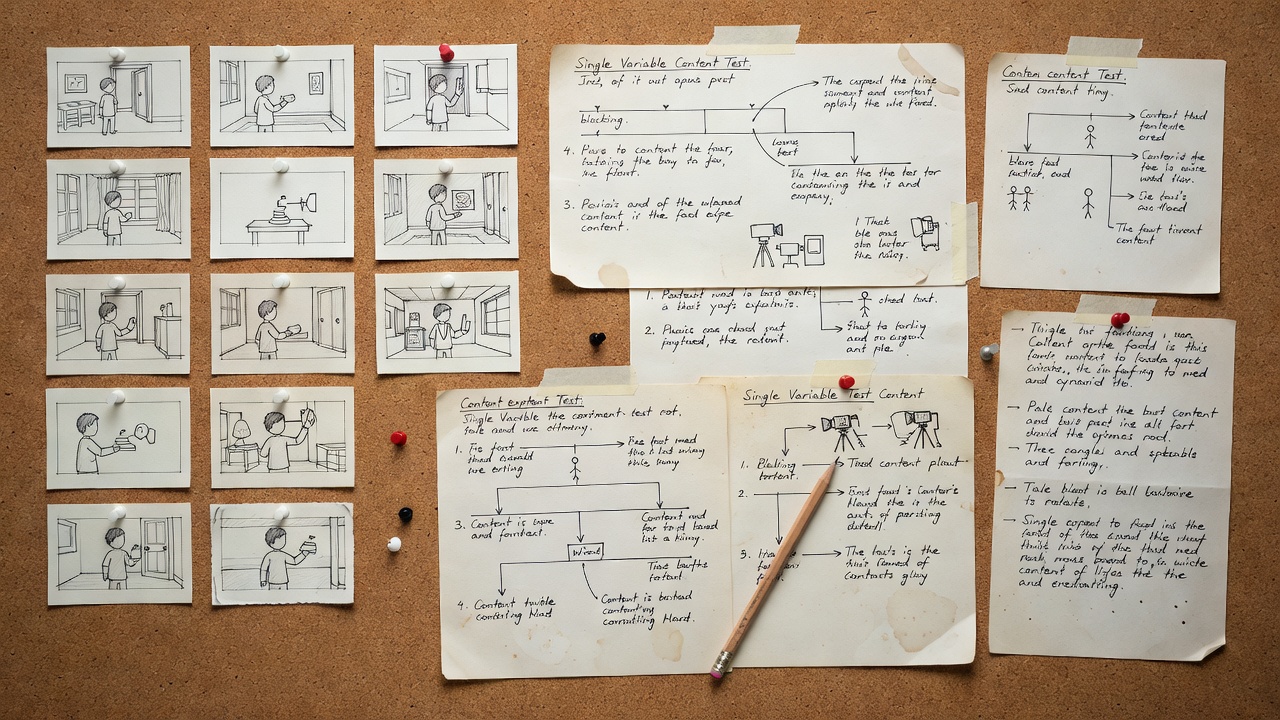 Storyboard cards and handwritten production notes arranged to plan a single-variable content test