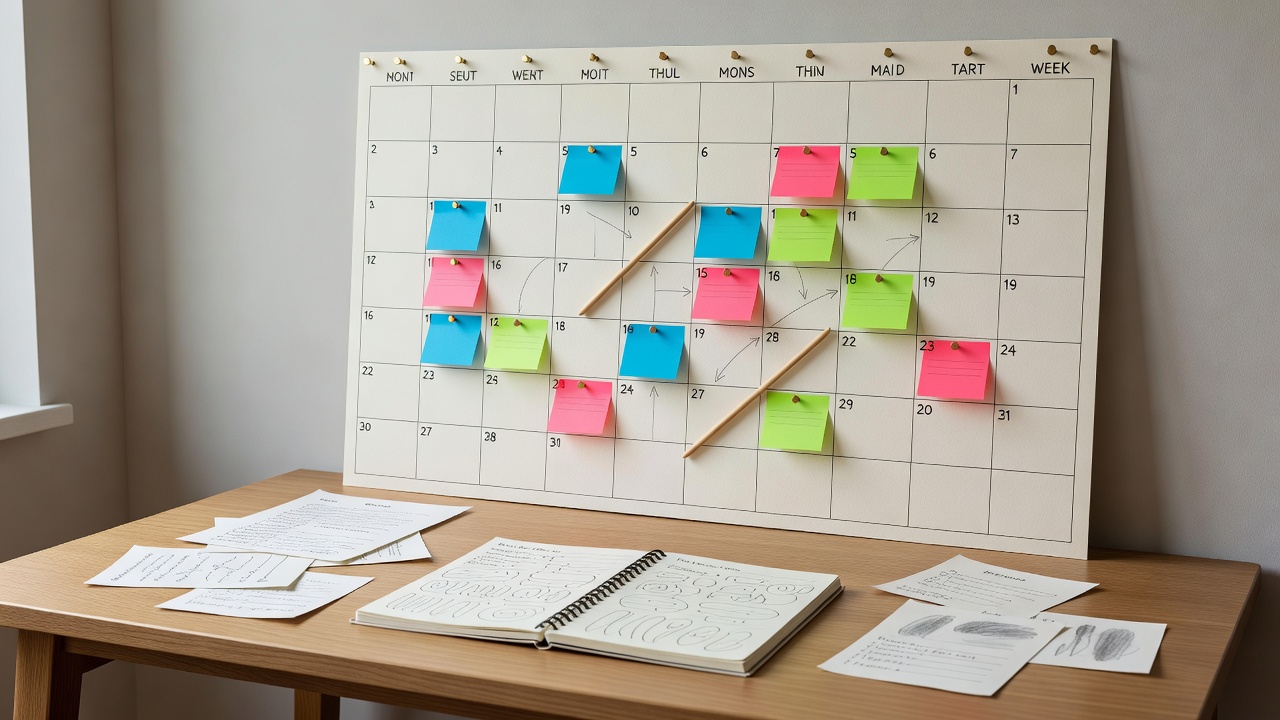 A calendar and planning notes used to align publication dates and reporting periods
